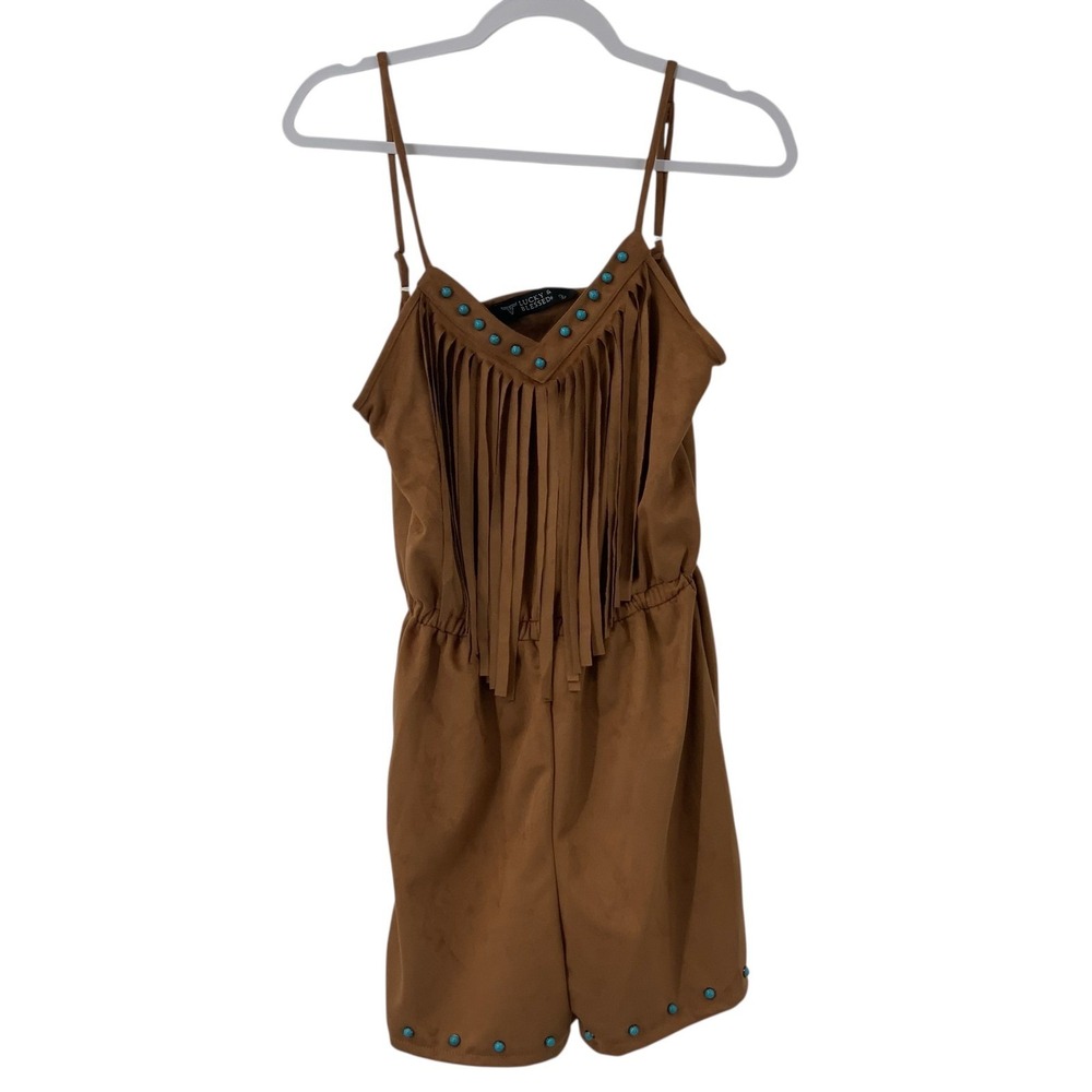 Lucky & Blessed Brown‎ Faux Suede Fringed Turquoise Beaded Romper Western Size S